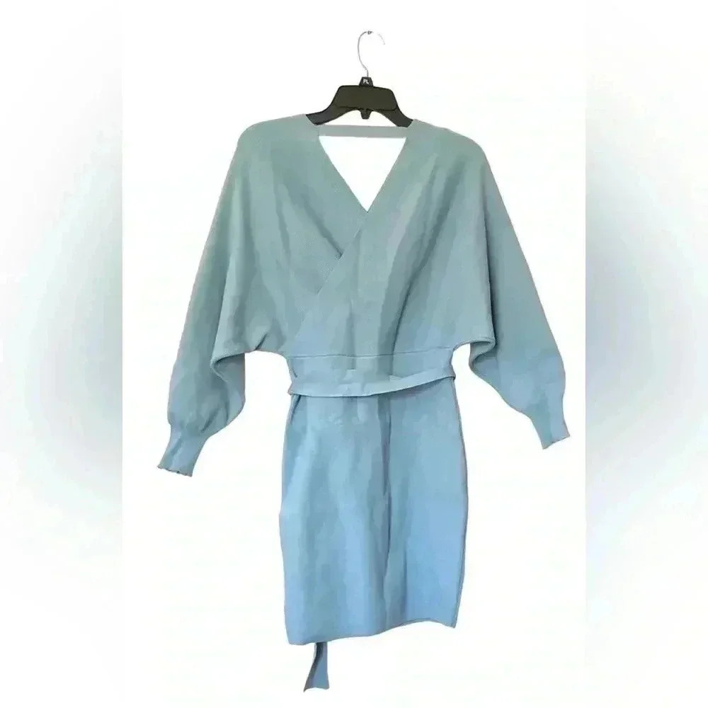 Zonsaoja Women's Sweater Dress Sexy VNeck Long Sleeve Backless Wrap Mini Dress M